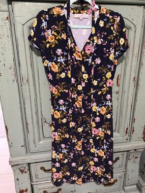 LOFT Navy Floral V-Neck Midi Dress